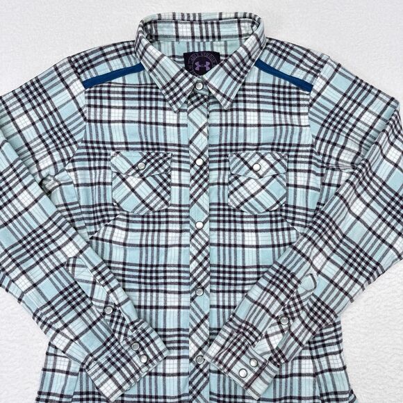 Under Armour Snap Button Flannel Shirt Womens Size Large‎ Blue Plaid Western - Picture 1 of 12